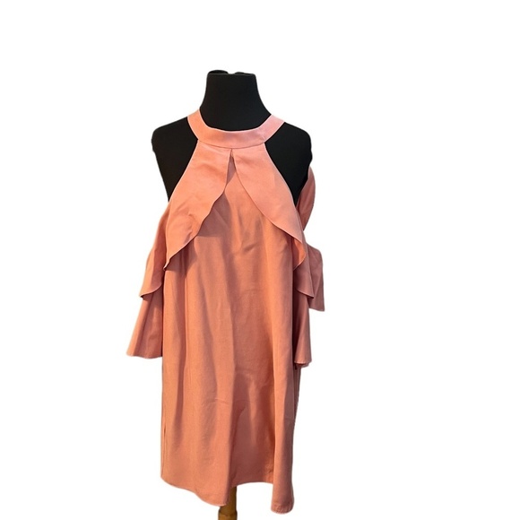 BCBGeneration Peach Mock Neck Cold shoulder Ruffle Halter Dress Size Large - Picture 4 of 10